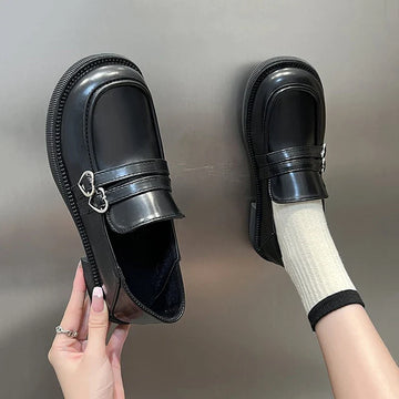 Xajzpa Gothic Lolita Heart Buckle Women's Loafers Mary Jane Shoes Women Cute Kawaii Chunky Platform Flats Fashion Designer Leather Shoe